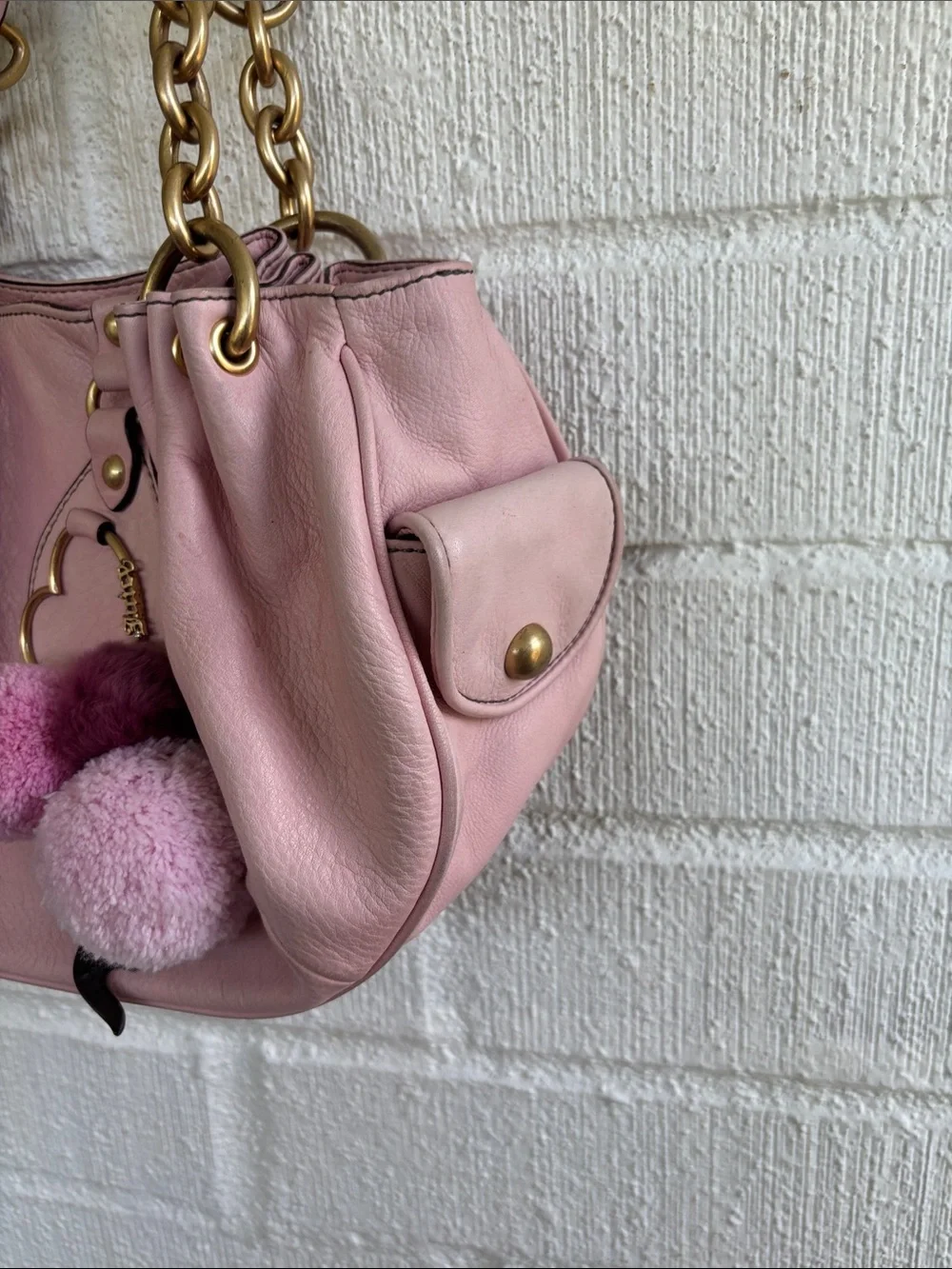 Juicy Couture Leather Vintage Soft Pink Shoulder Handbag with Gold Chain Details